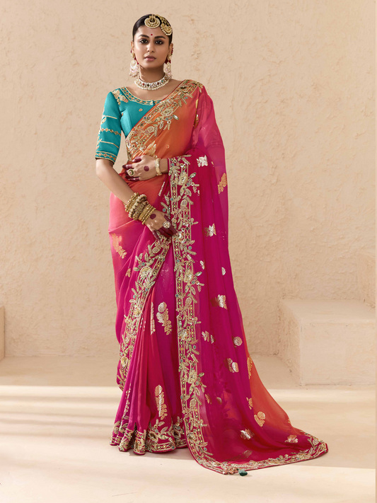 Dhiyona KM Women Shaded Pink & Orange Tussar Silk Saree