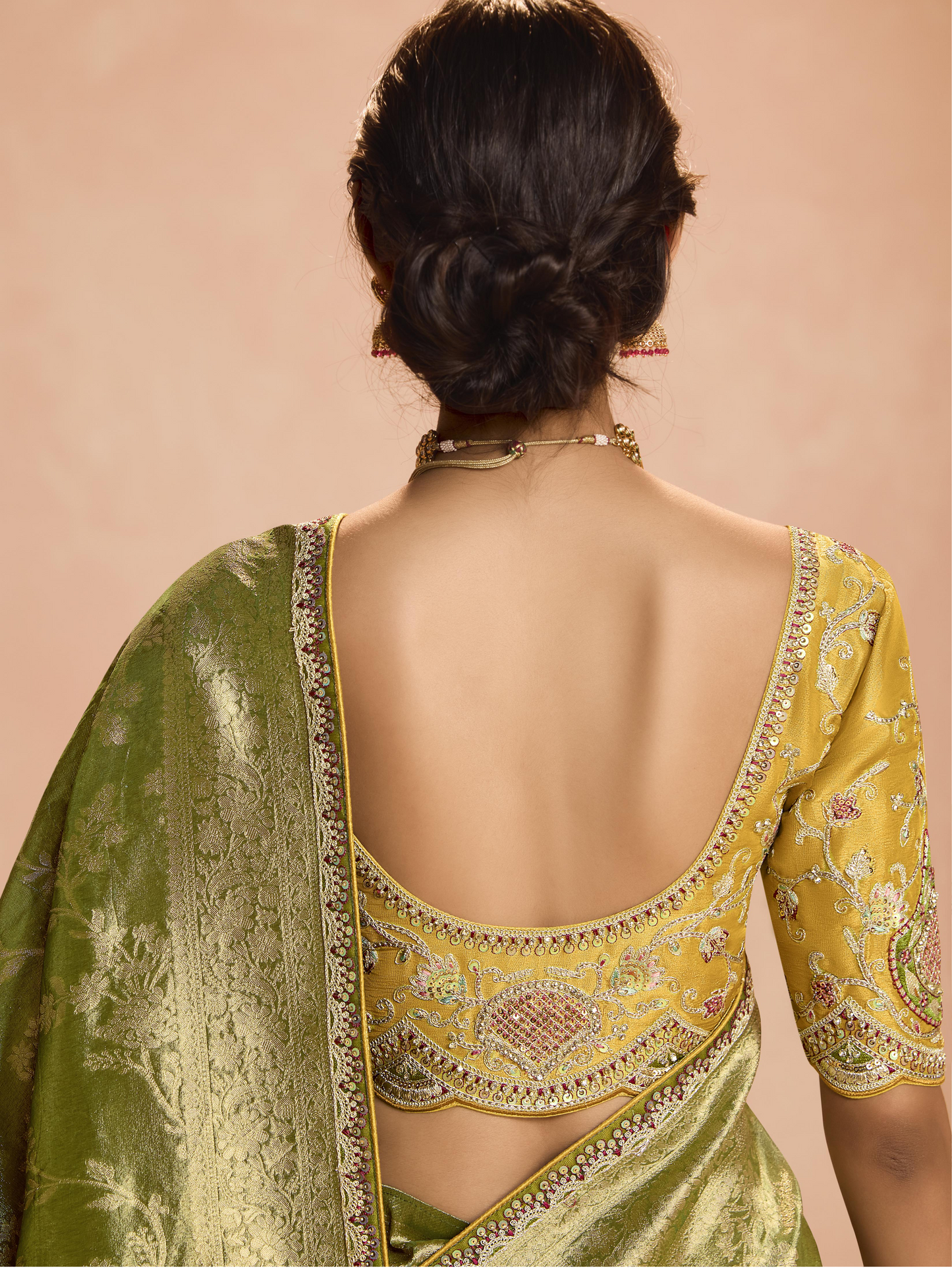 Dhiyona KM Women Radiant Green Kanjivaram Silk Saree With Ornate Yellow Blouse “ A Regal Ensemble