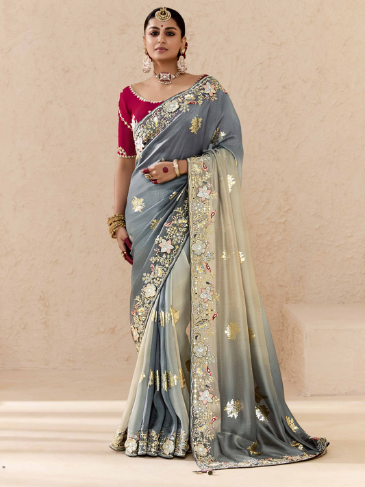 Dhiyona KM Women Shaded Grey Tussar Silk Saree