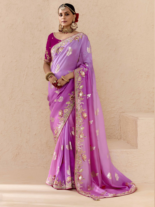 Dhiyona KM Women Shaded Pink & Lavender Tussar Silk Saree