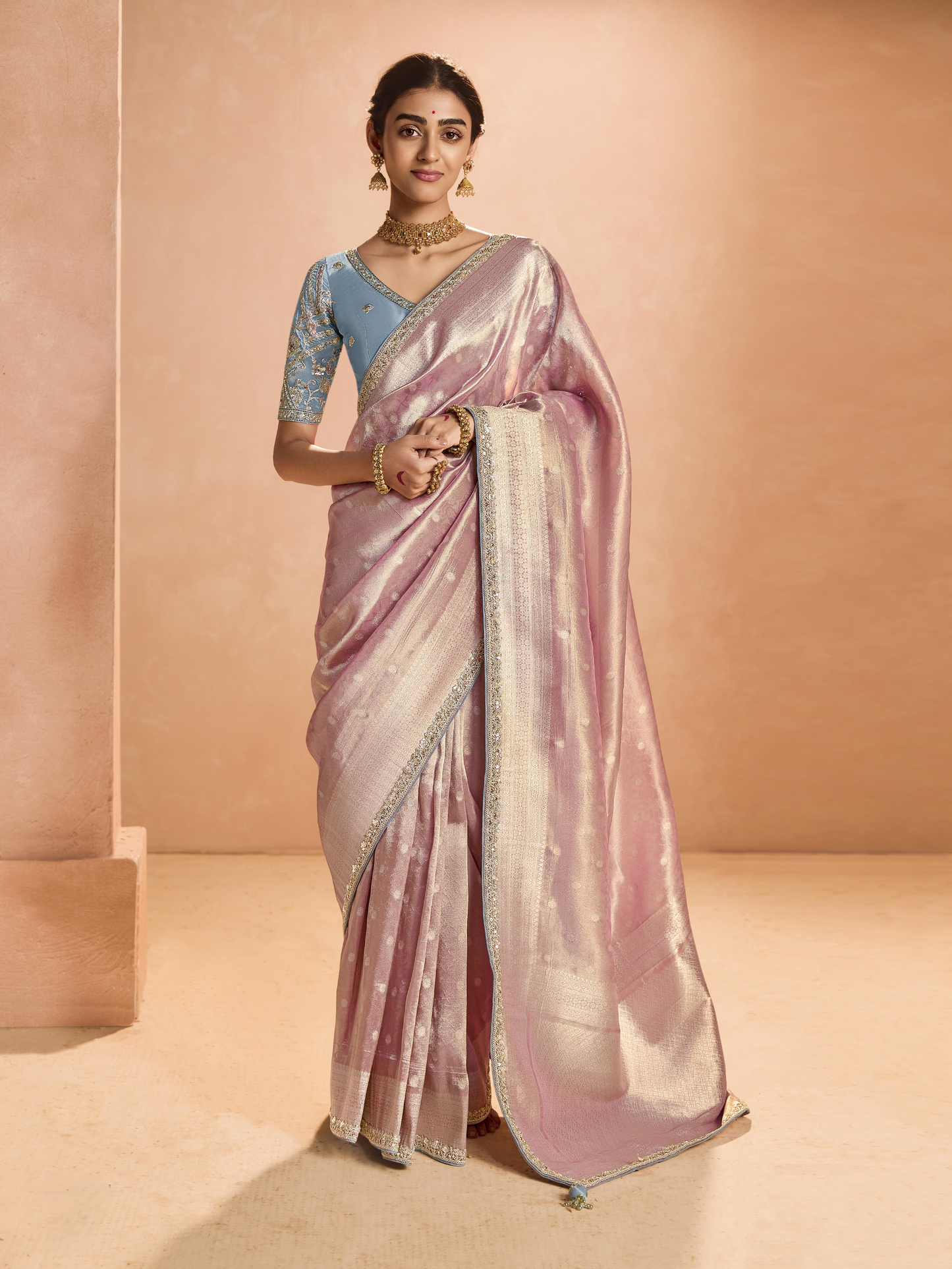 Dhiyona KM Women Blush Pink Kanjivaram Silk Saree With Elegant Blue Embroidered Blouse “ Subtle Glamour