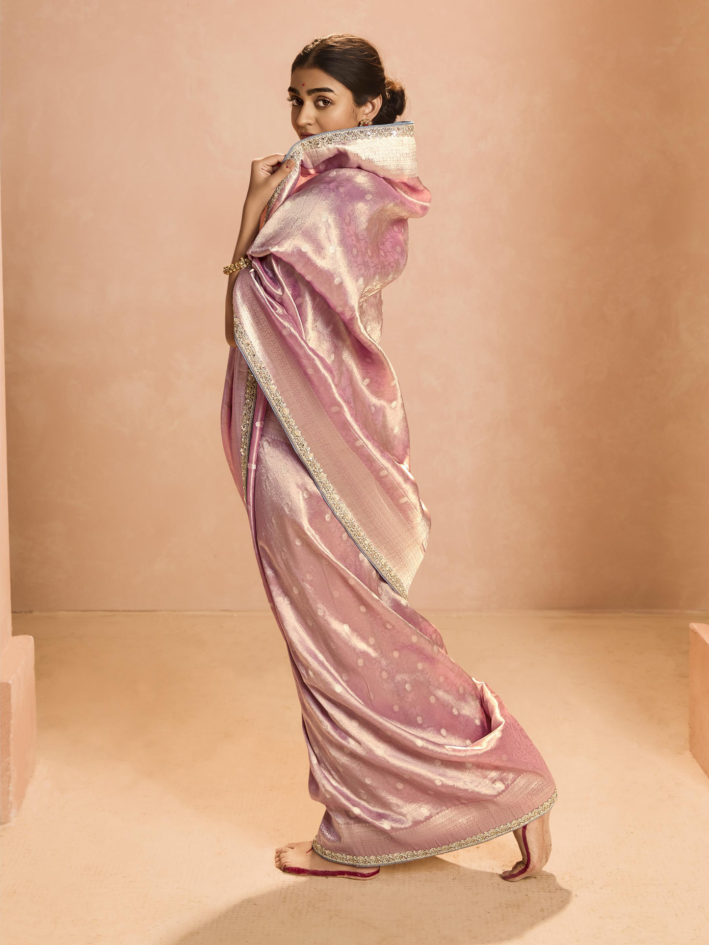 Dhiyona KM Women Blush Pink Kanjivaram Silk Saree With Elegant Blue Embroidered Blouse “ Subtle Glamour