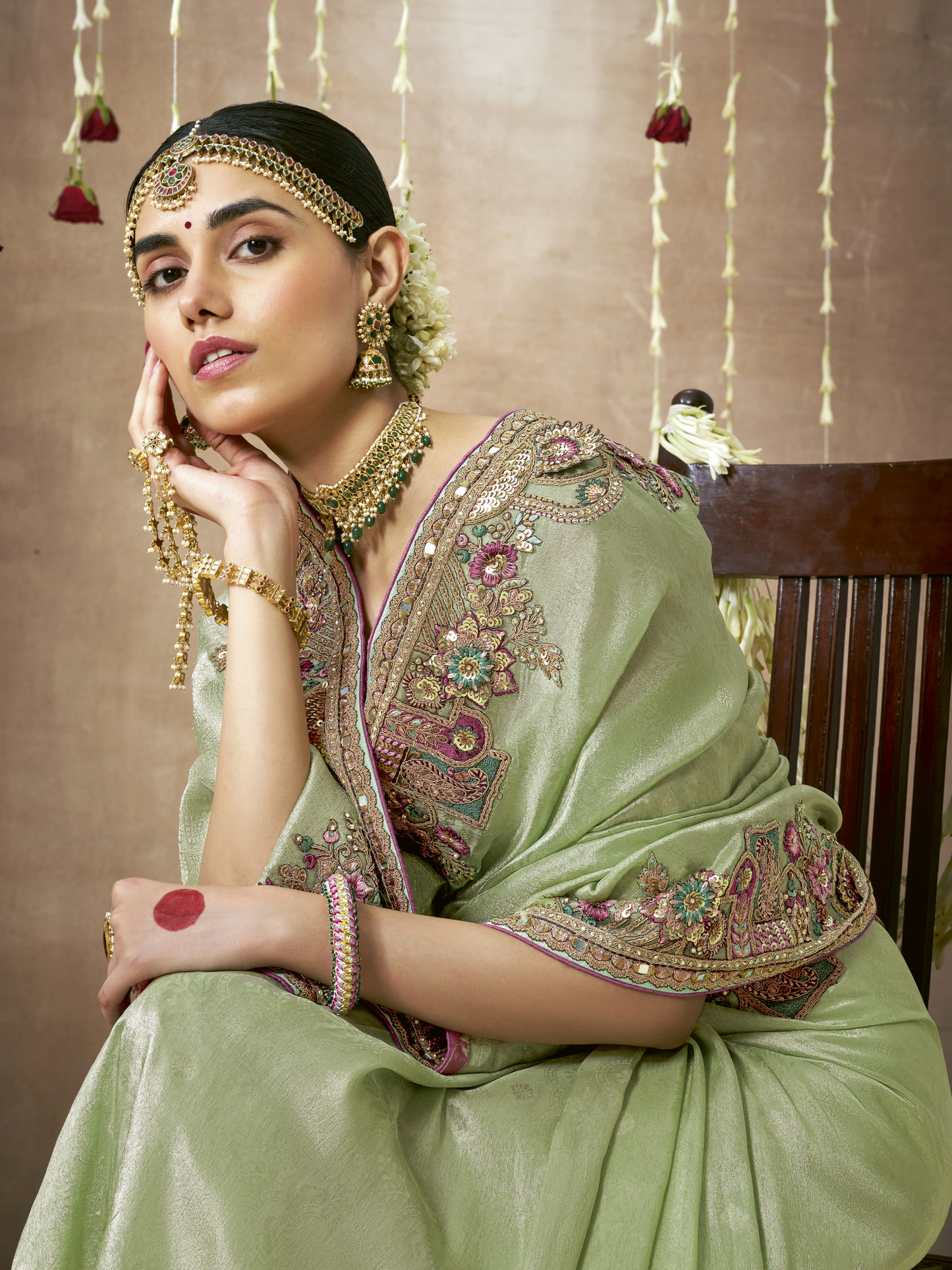 Dhiyona KM Women Green Bridal Pure Tissue Dola Silk Saree