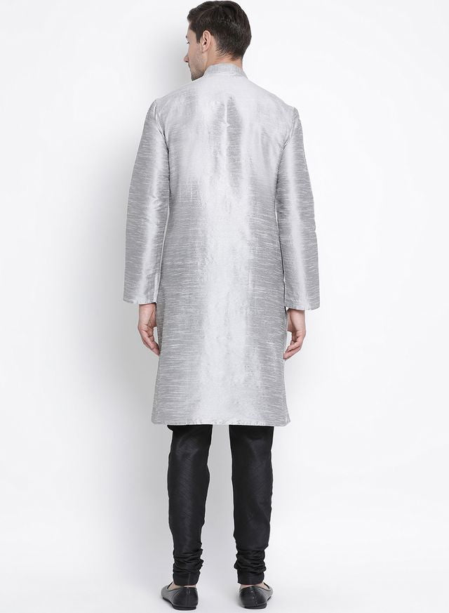 Men's Grey Silk Blend Straight Kurta Pyjama Set