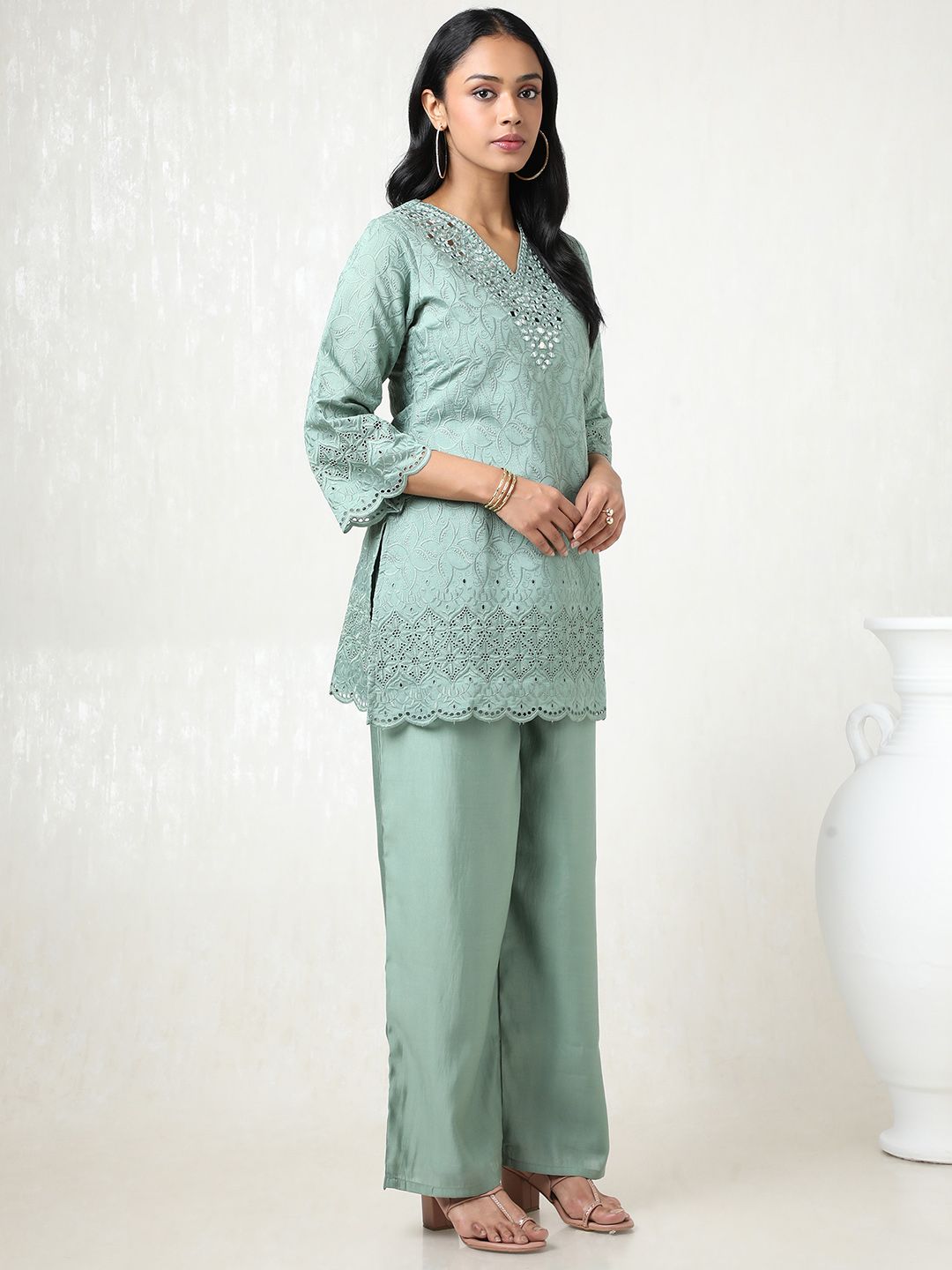 Dhiyona SO Women's Women Embroidered Angrakha Mirror Work Kurta with Palazzos