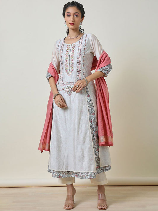 Dhiyona SO Women's Ethnic Motifs Embroidered Chanderi Silk A-Line Kurta with Trousers & With Dupatta