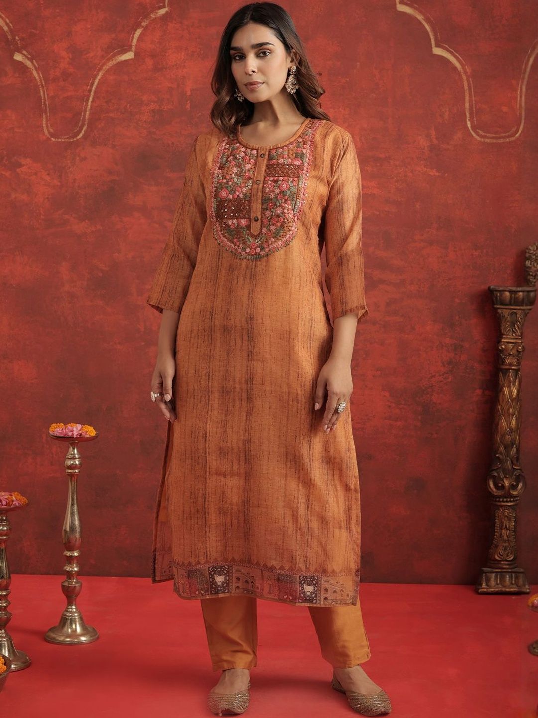 Ethnic Motifs Chanderi Cotton Round Neck Straight Kurta With Trousers & Dupatta