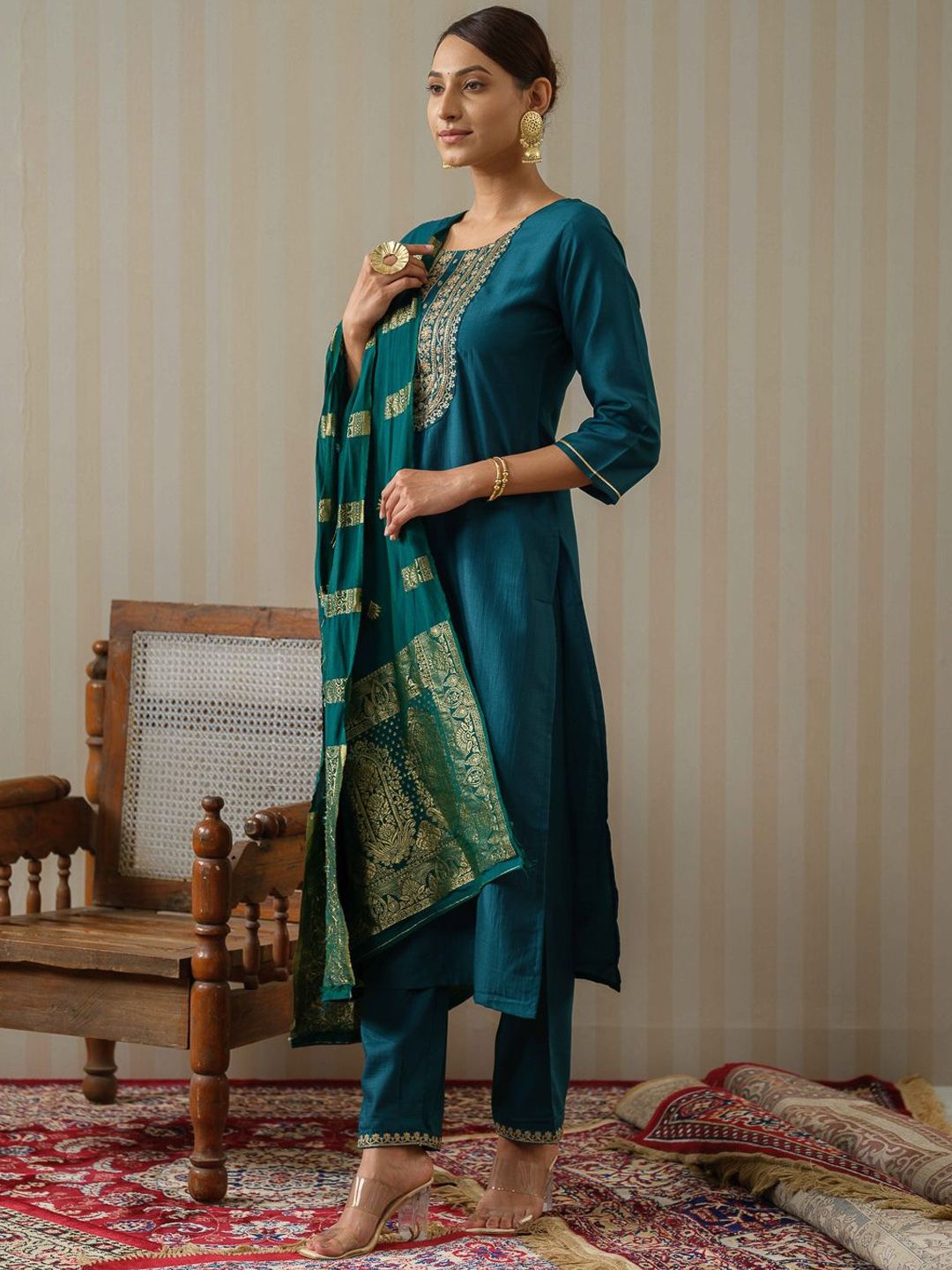 Dhiyona OD Ethnic Motifs Embroidered Straight Kurta & Trousers With Dupatta