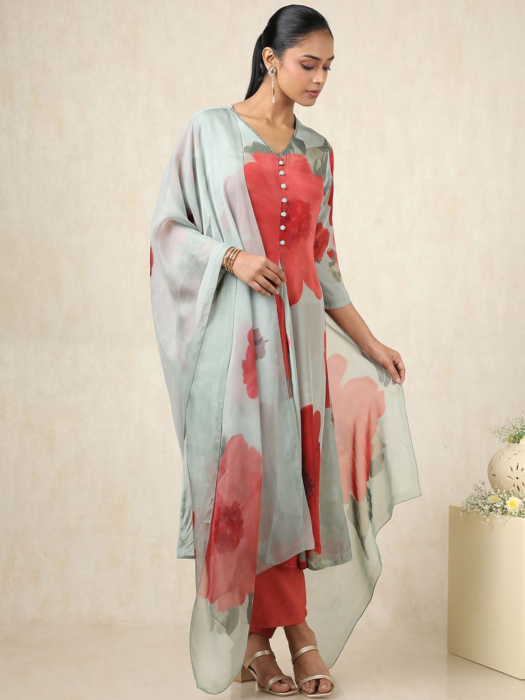 Dhiyona SO Women's Floral Botanical Printed Pleated V-Neck A-Line Kurta With Trousers And Dupatta