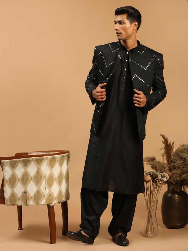 Men's Black Viscose Straight Jacket Kurta and Pyjama Set