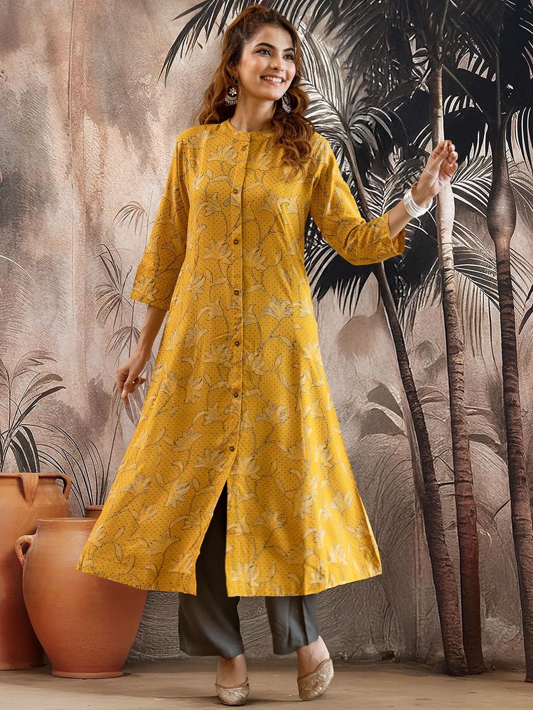 Dhiyona SN Women's Floral Printed Mandarin Collar Pure Cotton Straight Kurta & Trousers