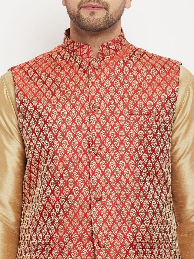 Men's Maroon Silk Blend Straight Nehru Jacket