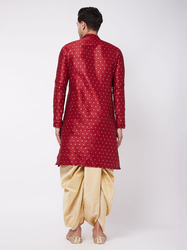Men's Maroon Silk Blend Straight Kurta and Dhoti Set
