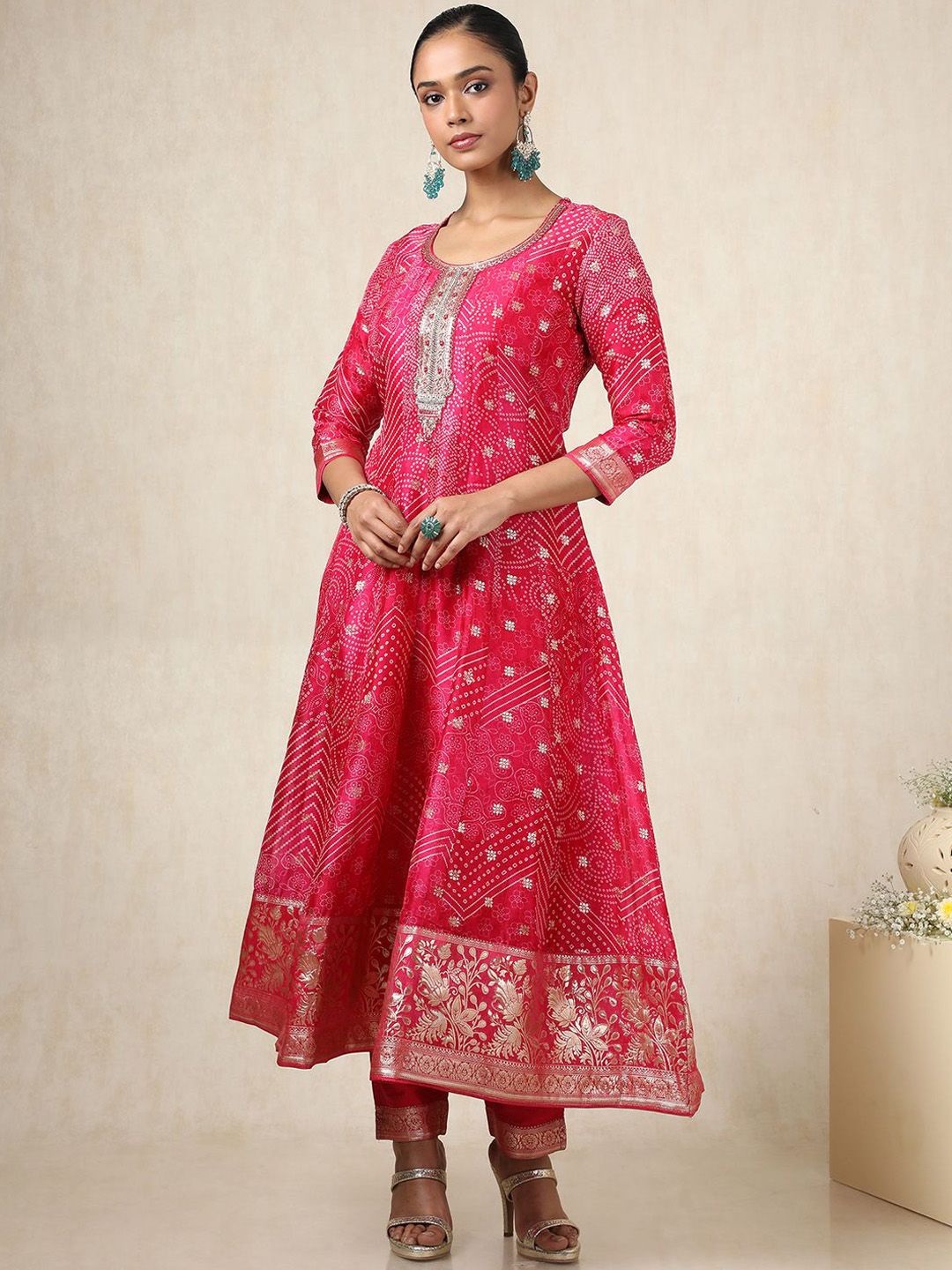Dhiyona SO Women's Bandhani Printed Thread Work A-Line Kurta With Trousers And Dupatta