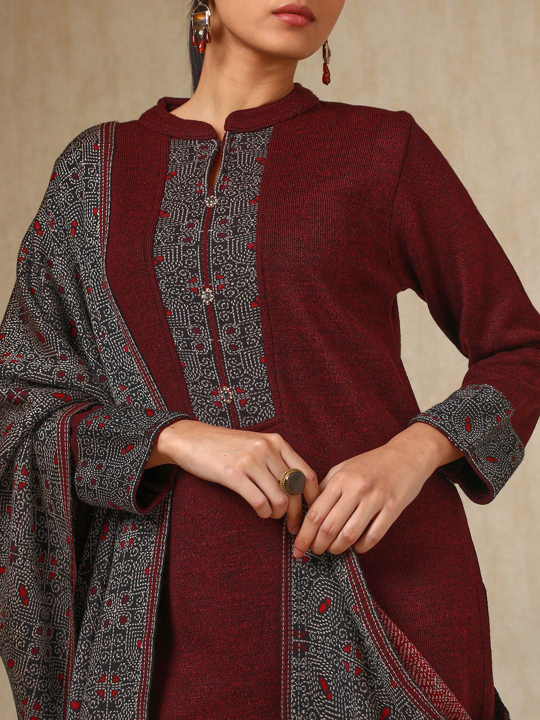Dhiyona SO Women's Maroon Floral Woven Design Acrylic Straight Kurta With Trouser & Dupatta
