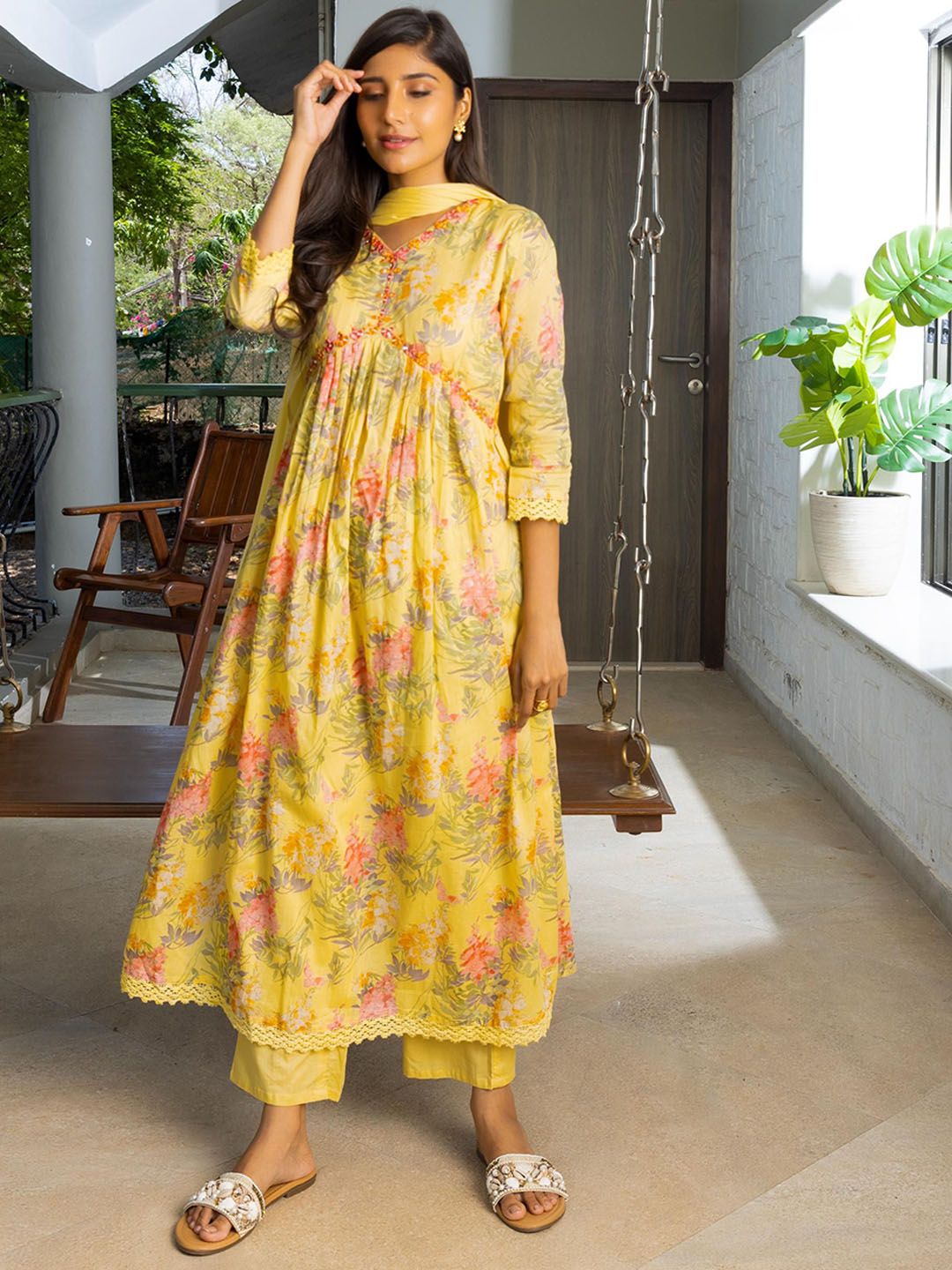 Dhiyona SN Women's Yellow Floral Printed Empire Pure Cotton Anarkali Kurta With Trousers & Dupatta