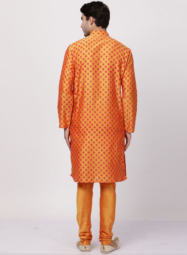 Men's Orange Cotton Blend Straight Kurta Pyjama Set