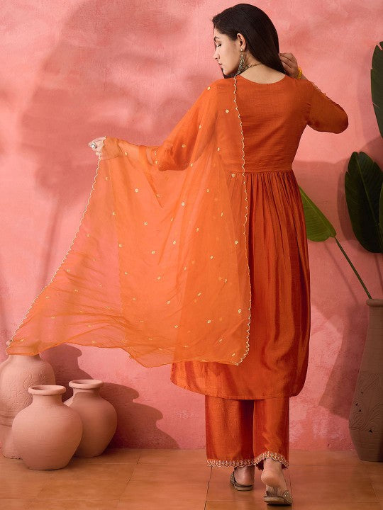 Women's Orange Floral Embroidered V-Neck A-Line Kurta With Trousers And Dupatta