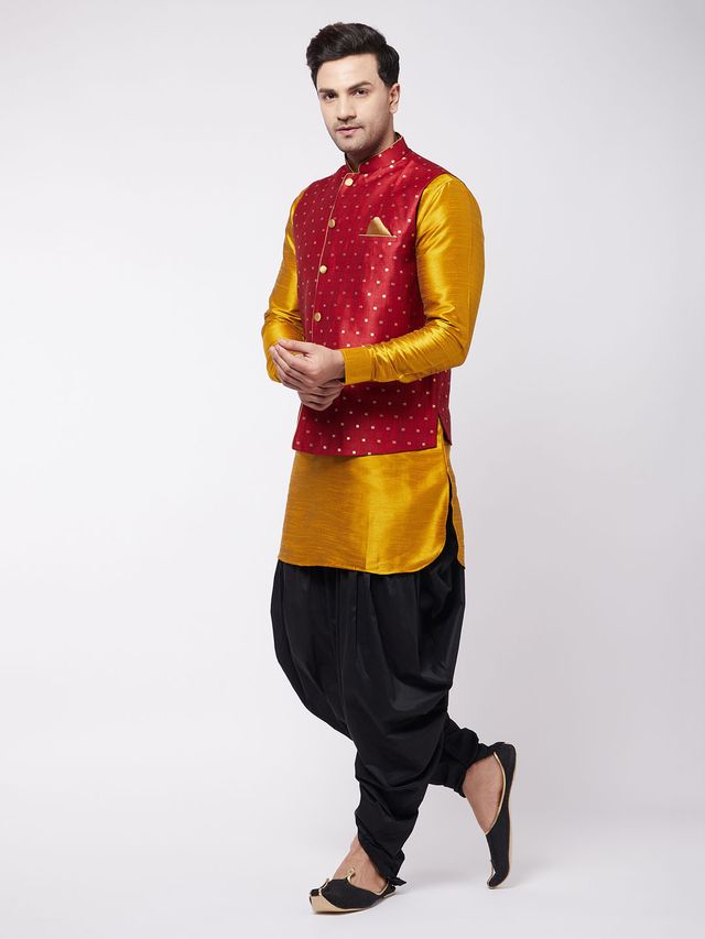 Men's Mustard Silk Blend Straight Jacket Kurta and Dhoti Set