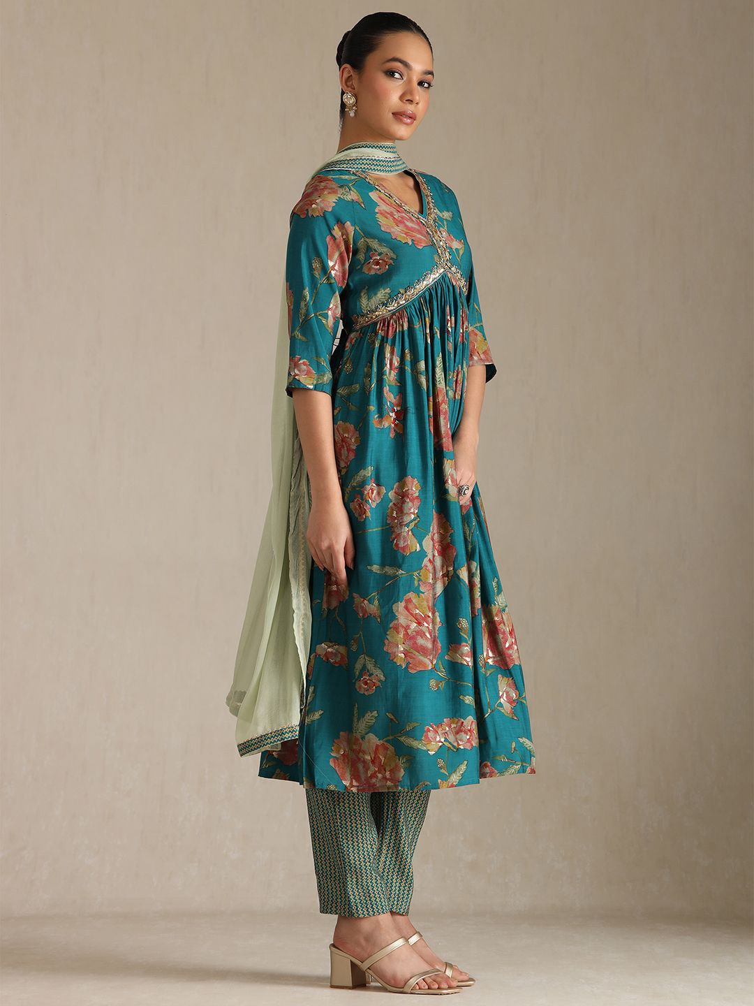Dhiyona SO Women's Floral Printed V-Neck Sequinned Empire Anarkali Kurta With Trousers & Dupatta