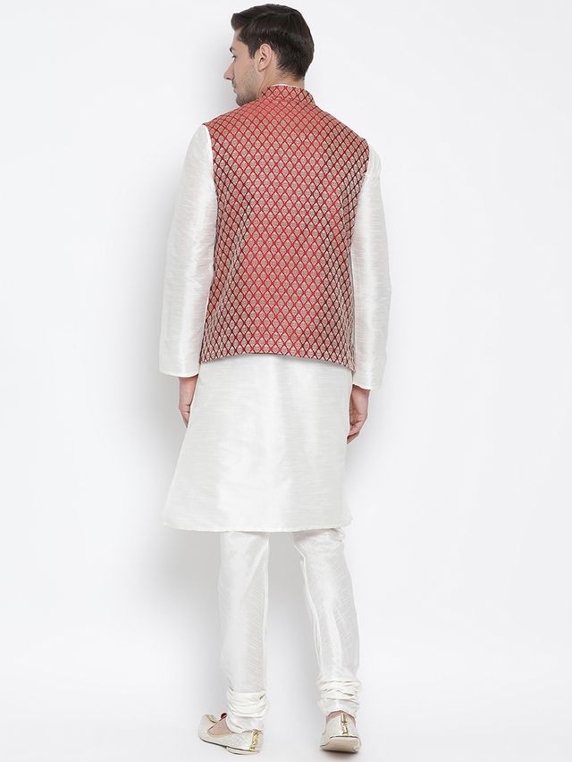 Men's Cream Silk Blend Straight Jacket Kurta and Pyjama Set