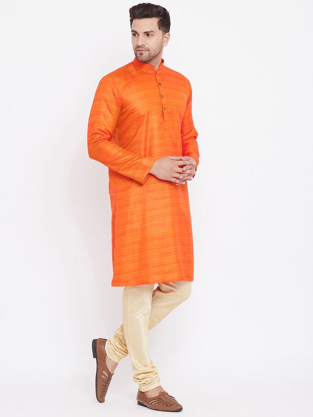 Men's Orange Silk Blend Straight Kurta Pyjama Set