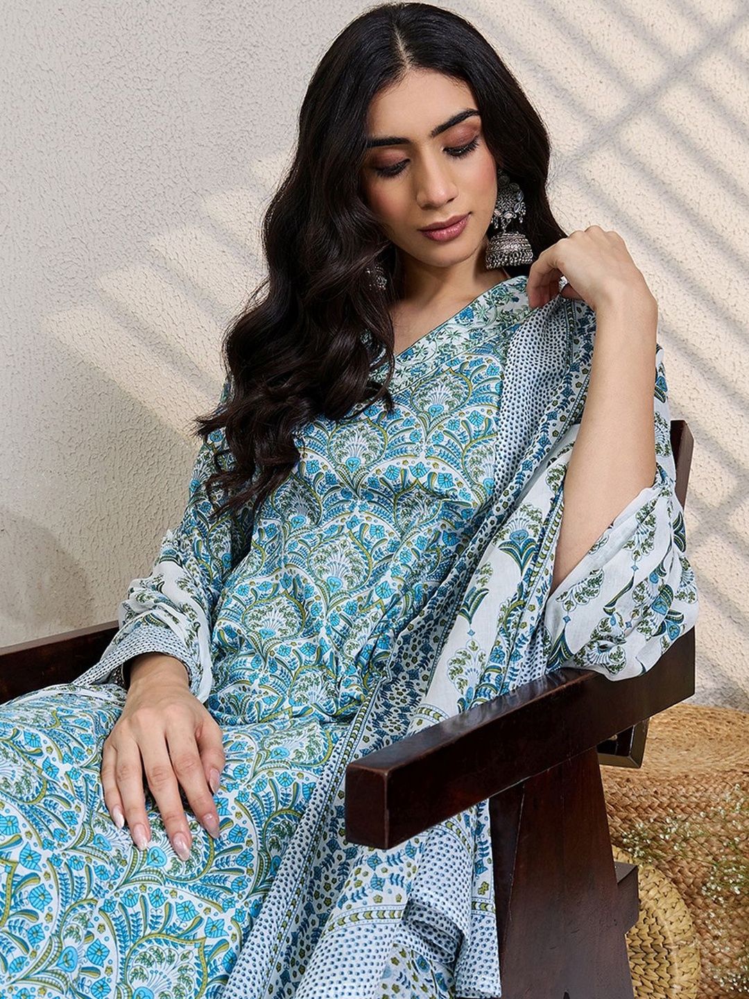 Women Ethnic Motifs Printed Regular Thread Work Pure Cotton Kurta with Trousers & With Dupatta