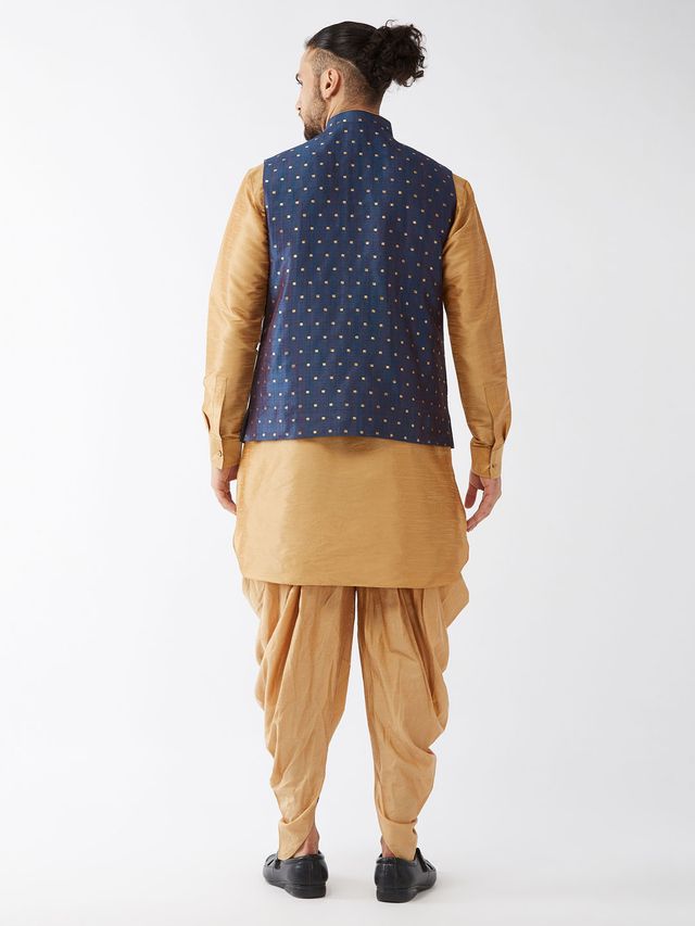 Men's Rose Gold Silk Blend Straight Jacket Kurta and Dhoti Set