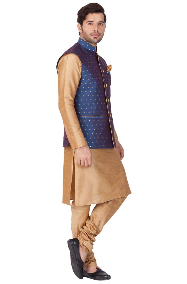 Men's Gold Silk Blend Straight Jacket Kurta and Pyjama Set