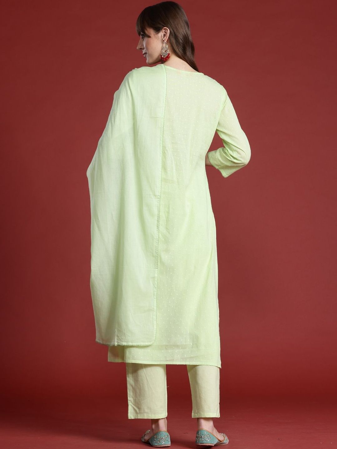 Women Floral Embroidered Panelled Thread Work Pure Cotton Kurta with Trousers & With Dupatta