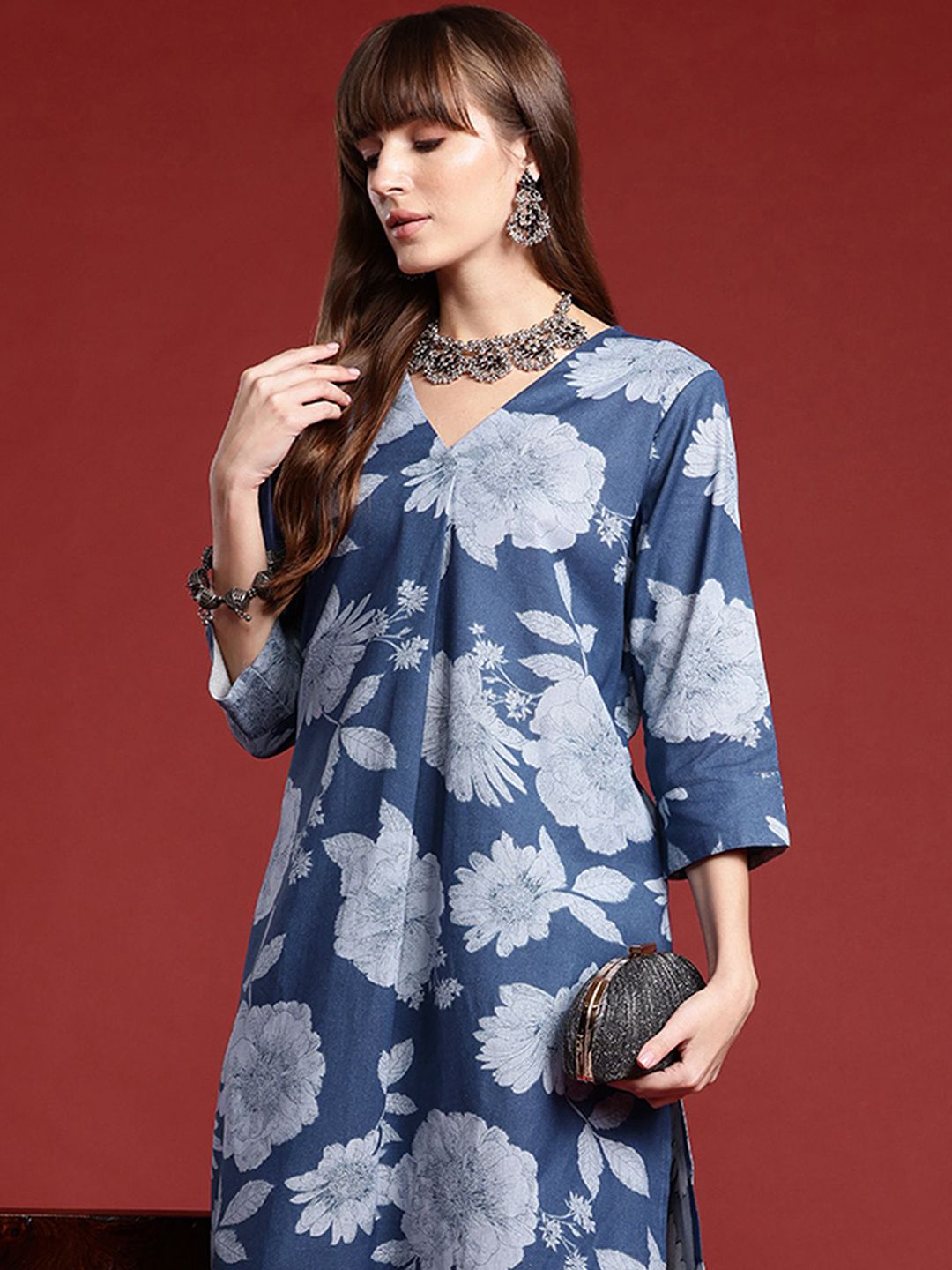 Dhiyona IE Floral Printed Three-Quarter Sleeves A-Line Tunic With Trouser