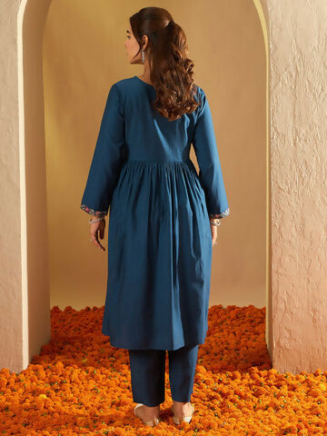 Women's Teal Embroidered A-Line Kurta Trousers Set