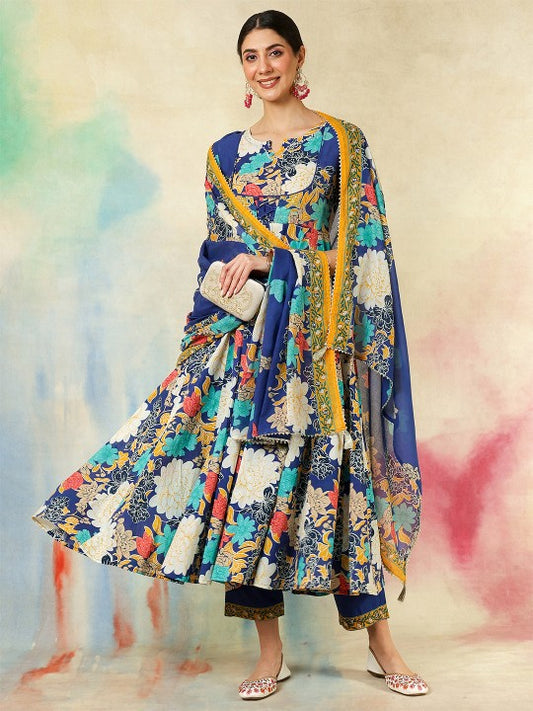 Women's Floral Printed Pure Cotton Anarkali Kurta With Trousers And Dupatta