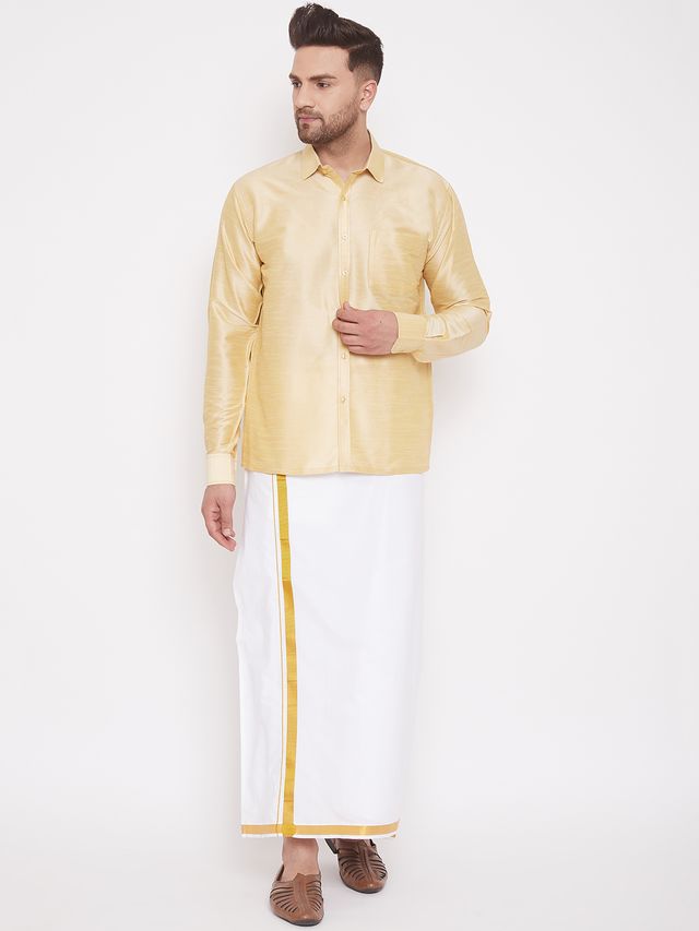 Men's Gold Silk Blend Straight Ethnic Shirt