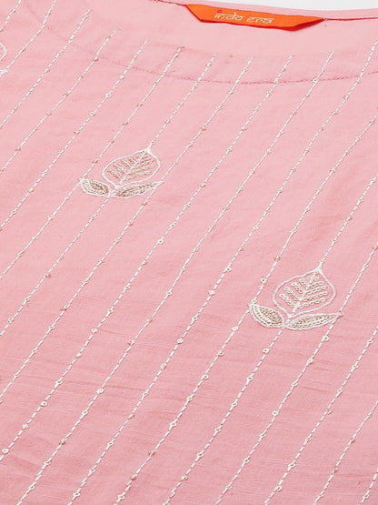 Women Pink & Off White Embroidered Kurta with Trousers & With Dupatta