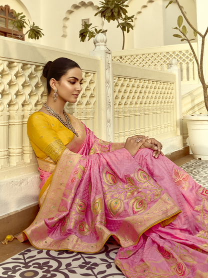 Dhiyona KM Women Pink Silk Saree With Contrast Yellow Blouse