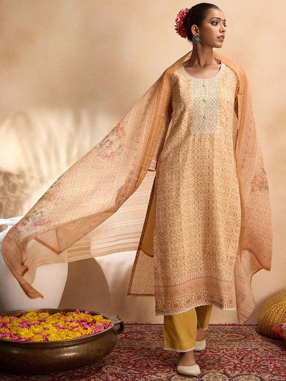 Dhiyona IE Printed Round Neck Thread Work Linen Straight Kurta With Trousers & With Dupatta