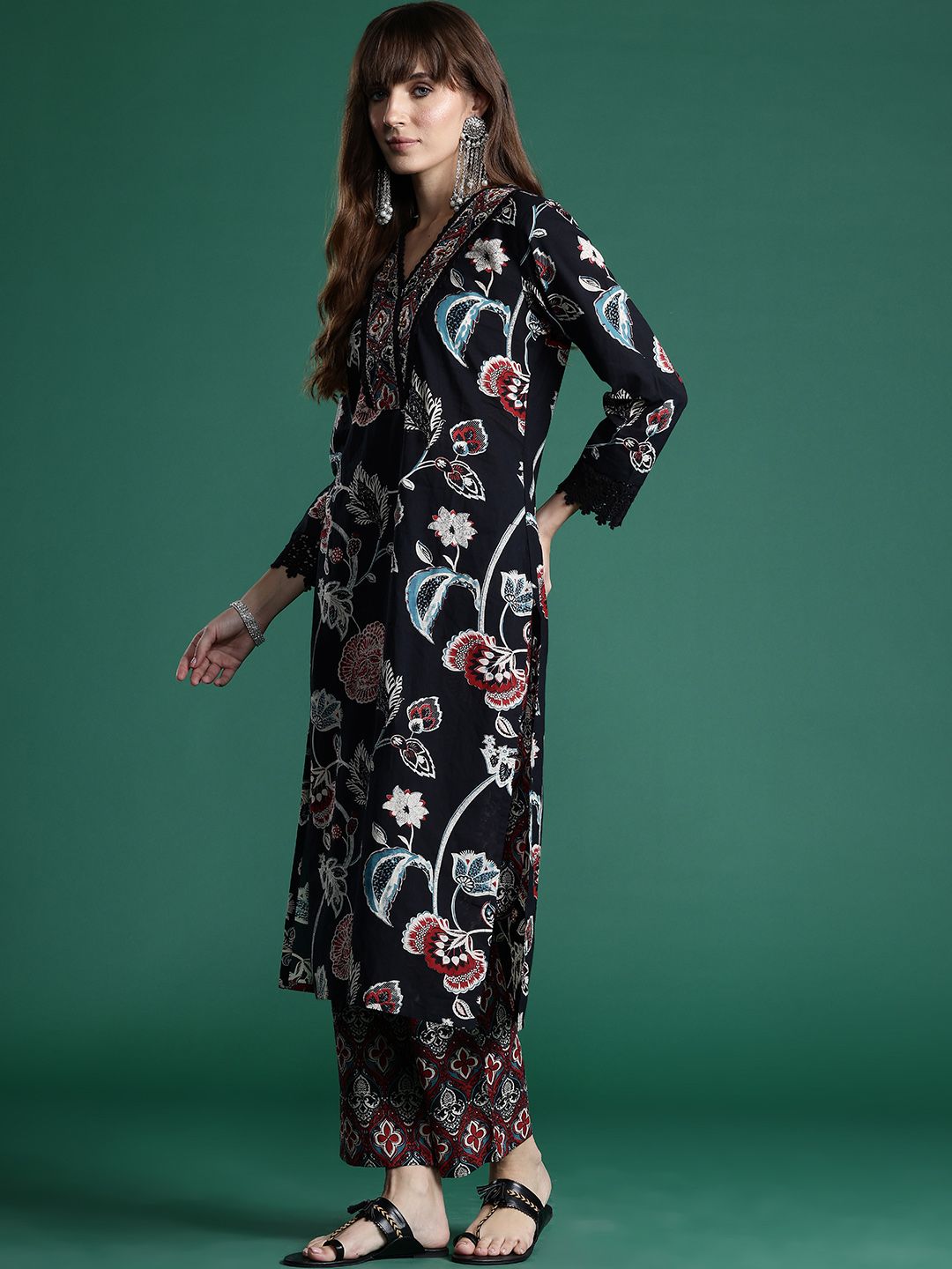 Dhiyona IE Floral Printed Sequinned Pure Cotton Kurta With Trousers & Dupatta