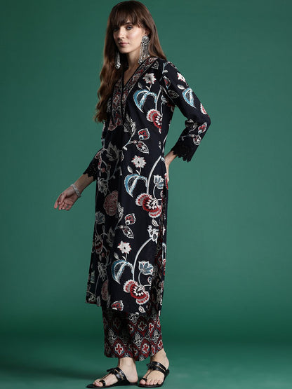 Dhiyona IE Floral Printed Sequinned Pure Cotton Kurta With Trousers & Dupatta