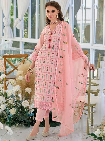 Dhiyona IE Floral Embroidered Thread Work Pure Cotton Kurta With Trousers & Dupatta