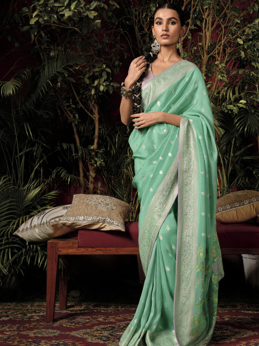 Dhiyona KM Women The Sea Green Serenity Saree By Kimora