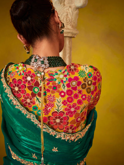 Dhiyona KM Women Emerald Green Saree With A Vibrant Floral Embroidered Blouse