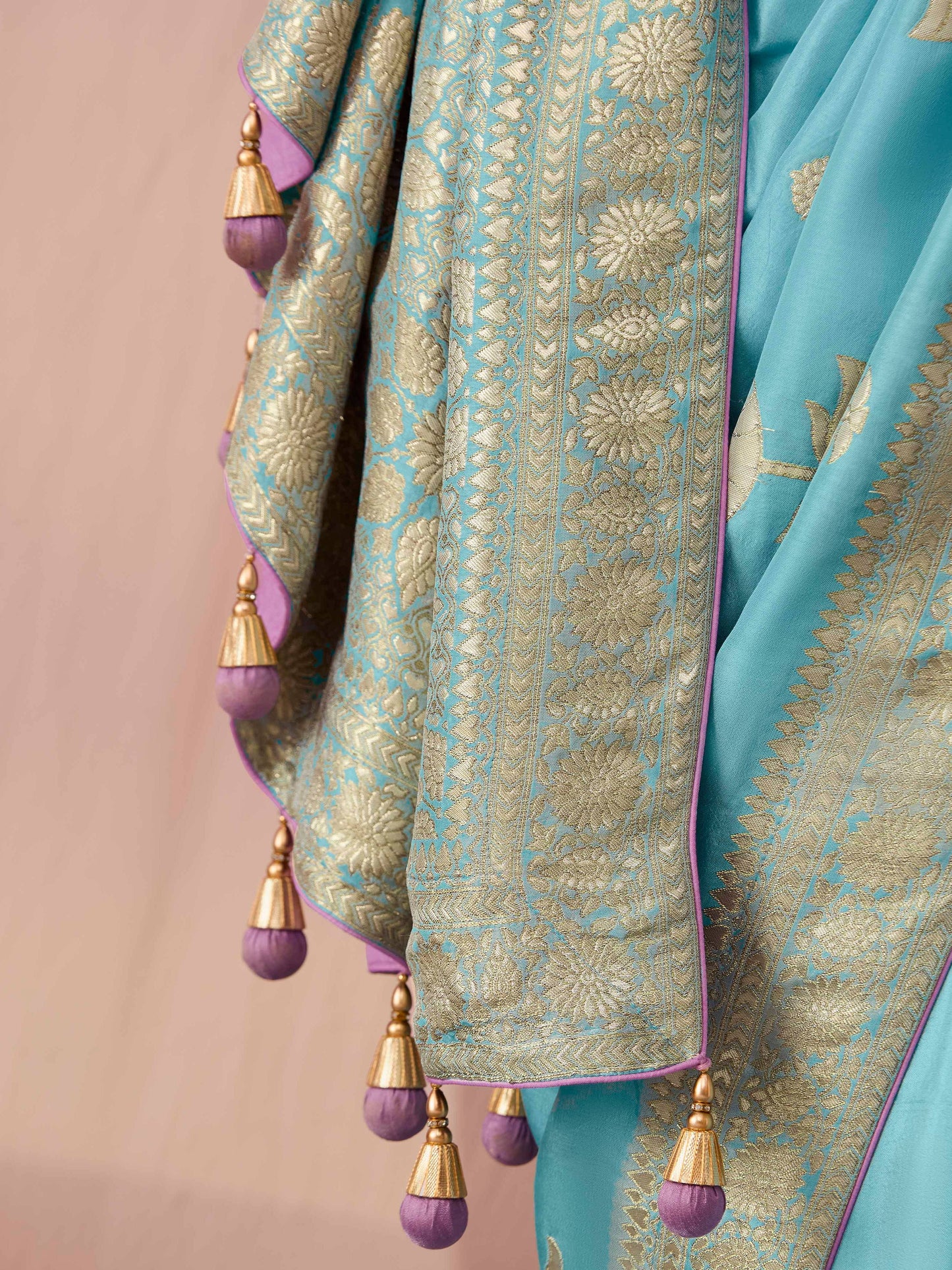 Dhiyona KM Women Elegant Aqua Blue Dola Silk Saree With Purple Golden Work Blouse