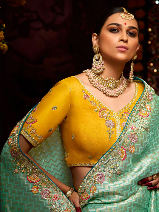 Dhiyona KM Women Elegant Sea Green Banarasi Silk Saree