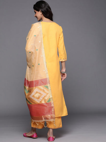 Women Yellow Embroidered Kurta with Palazzos & With Dupatta
