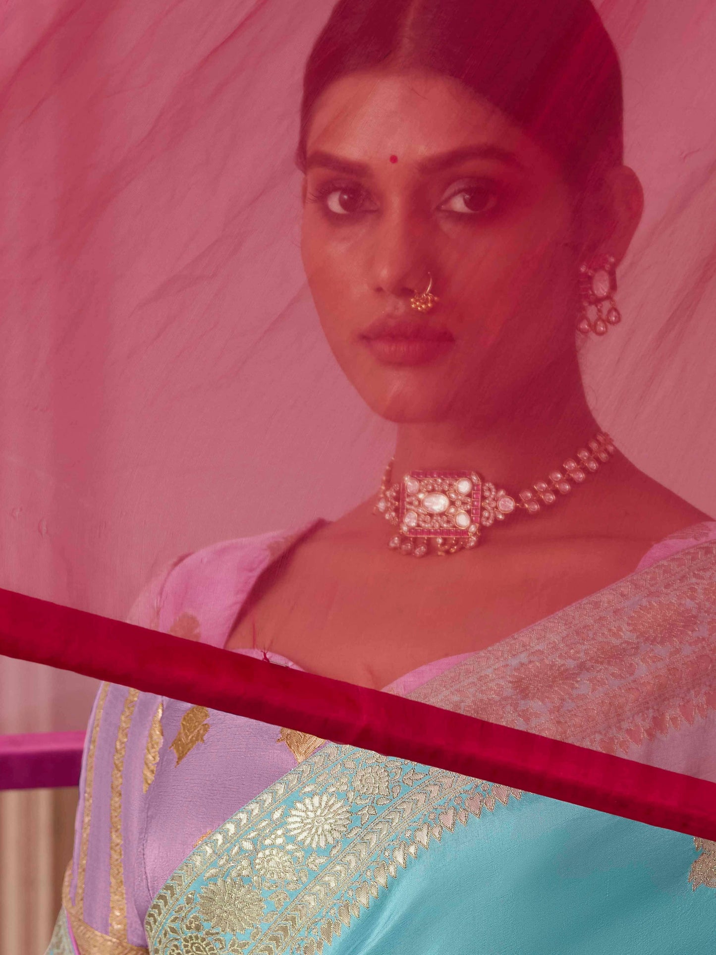 Dhiyona KM Women Elegant Aqua Blue Dola Silk Saree With Purple Golden Work Blouse