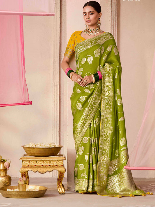 Dhiyona KM Women Mehendi Green Dola Silk Saree With Yellow Golden Embroidered Blouse