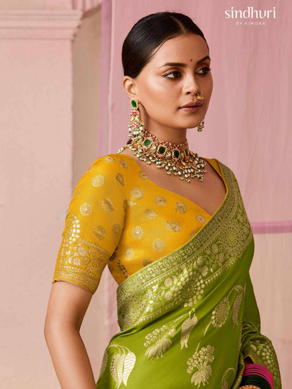 Dhiyona KM Women Mehendi Green Dola Silk Saree With Yellow Golden Embroidered Blouse