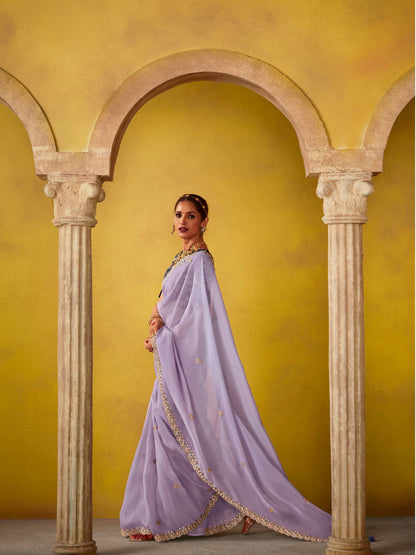 Dhiyona KM Women Ethereal Elegance: Purple Silk Saree With Embroidered Blouse