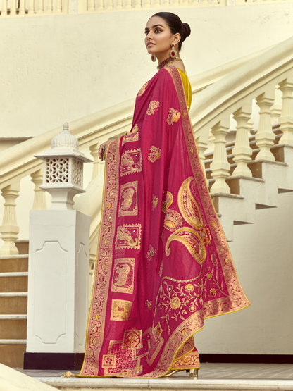Dhiyona KM Women Red Banarasi Silk Saree With Yellow Blouse & Golden Mirror Work